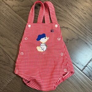 Vintage Kids Gingham Duck Embroidered Romper Red White One‎ Piece Outfit ~3 Mi